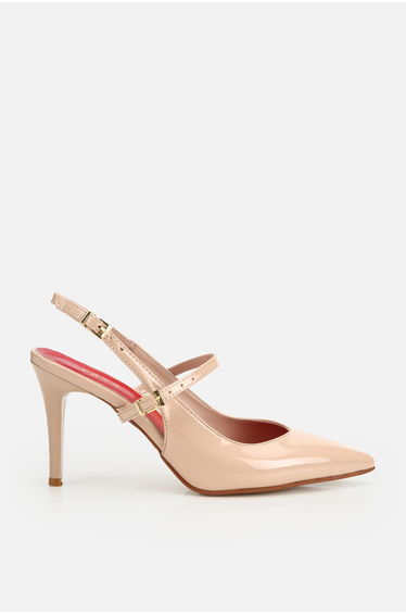 Women's Nude Patent Leather Pointed Toe Buckle Open Back High Heeled Stylish Shoes