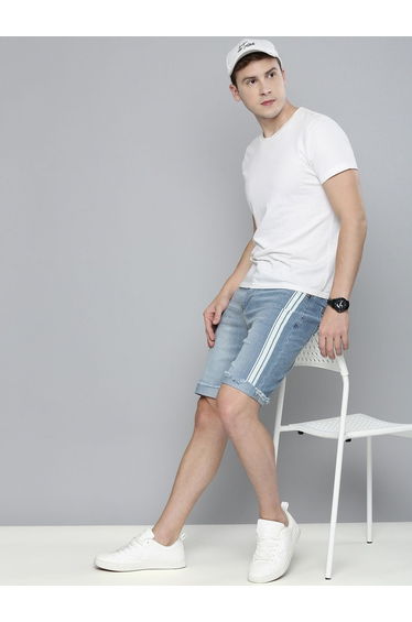 Men Blue Striped Denim Shorts