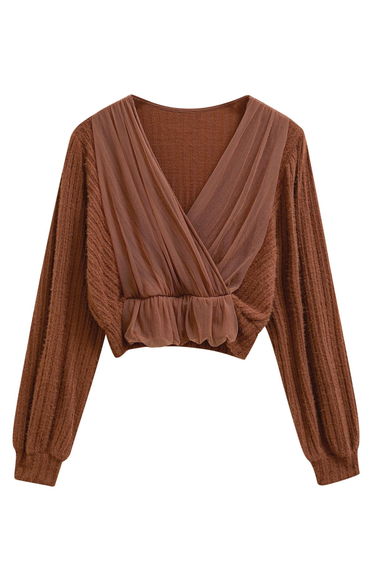 Mesh Spliced Faux-Wrap Knit Top in Caramel