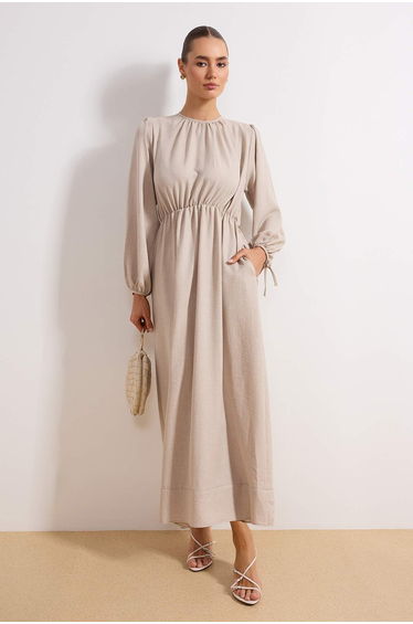 Stone Waist Elastic Woven Linen Look Dress