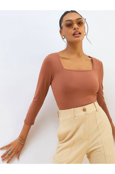 Orange Square Neck Knitted Crop Top