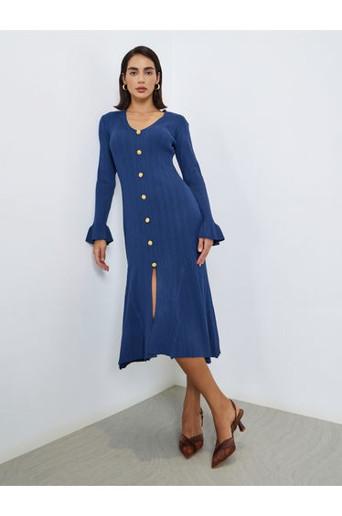 Blue Textured Knit Midi Dress with Buttons