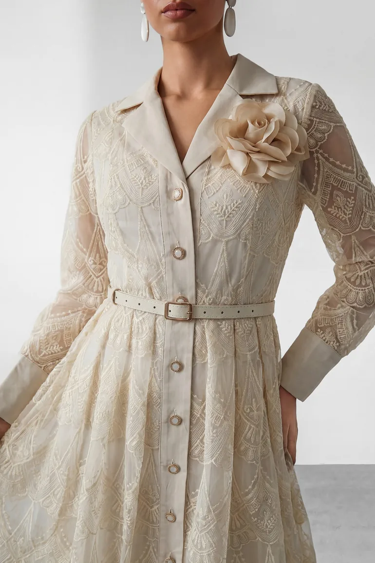 فستان سانفير قميص بيج ميداكسي على شكل حرف A بأكمام طويلة - 2