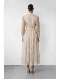 فستان سانفير قميص بيج ميداكسي على شكل حرف A بأكمام طويلة - 3