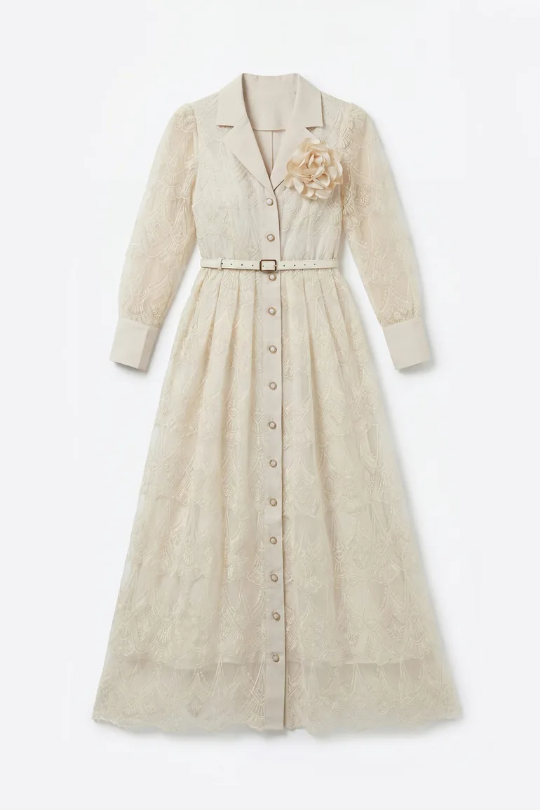 فستان سانفير قميص بيج ميداكسي على شكل حرف A بأكمام طويلة - 8