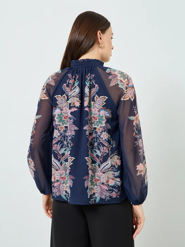 Women Navy Blue Paisley Print Blouse - 3