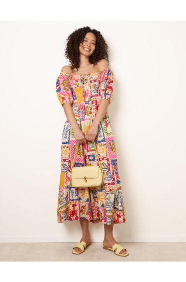 Postcard Tie Front Bardot Shirred Midi Dress