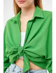 قميص بقماشة لنن أخضر بقصة واسعة - 4