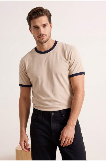 Beige Regular/Normal Cut Contrast Collar and Sleeve Detail Pique Textured T-Shirt