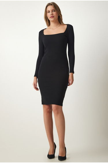 Black Bodycon Midi Dress with Long Sleeves