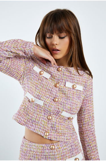 Glamorous Pink Multi Tweed White Jacket with Contrast Trim Pockets