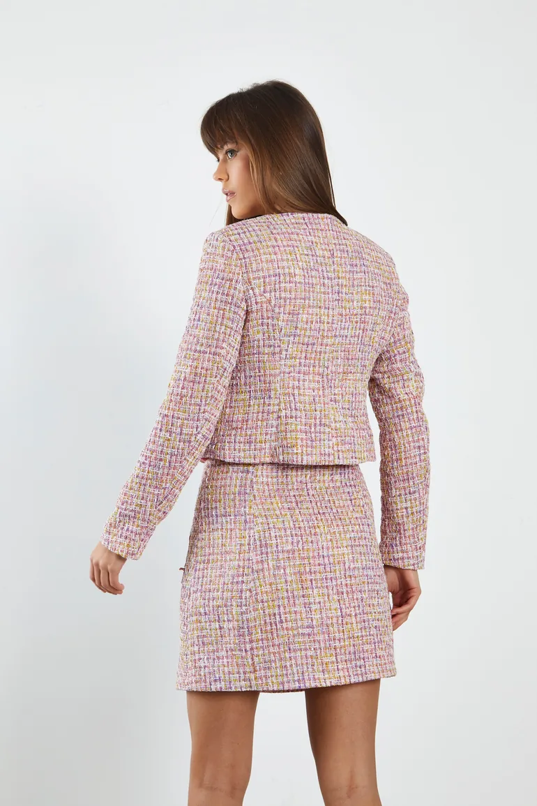 Glamorous Pink Multi Tweed White Jacket with Contrast Trim Pockets - 1