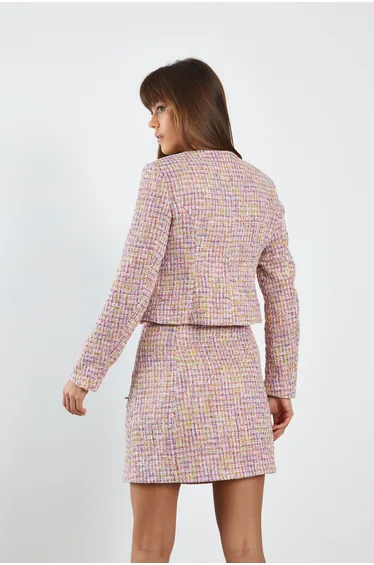 Glamorous Pink Multi Tweed White Jacket with Contrast Trim Pockets