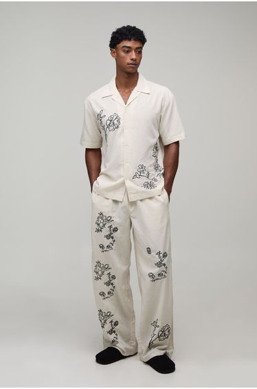 Oversized Floral Sketch Linen Co-Ord Blend Shirt - natural