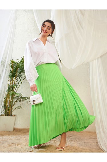 Pleated A-Line Satin Maxi Skirt