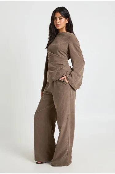 Peached Ruched Flare Sleeve Trouser Co-Ord - khaki