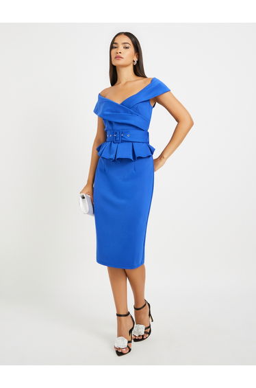 Ruffle Detail Short Sleeves Sheath Midi Dress