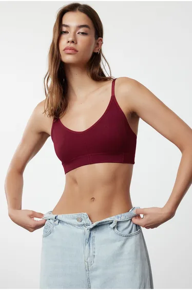 Burgundy Seamless Rope Strapless Bralette Knitted Bra