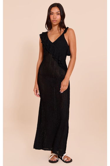 Black Textured Asymmetric Neck Maxi Dress