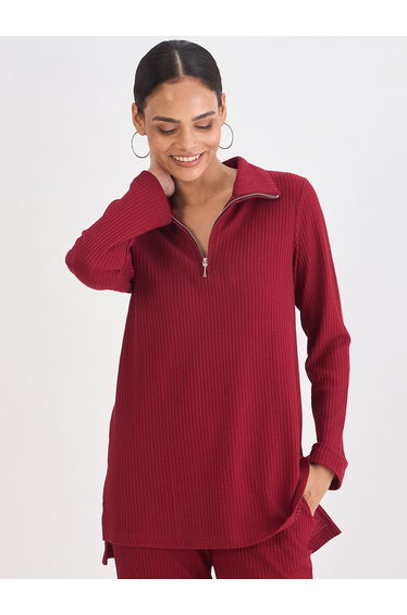 Women Deep Red Waffle Knit High Neck Top