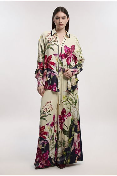 Viscose Satin Floral Print Wide Leg Woven Trouser