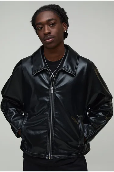 Boxy Fit High Shine Contrast Stitch Fold Collar Harrington Jacket - black