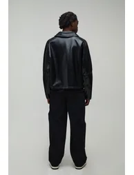 Boxy Fit High Shine Contrast Stitch Fold Collar Harrington Jacket - black - 1