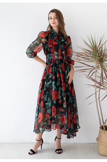 Rose Print Asymmetric Hem Chiffon Maxi Dress