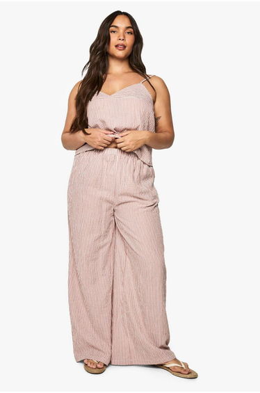 Plus Woven Stripe Elasticated Waist Wide Leg Trouser - terracotta