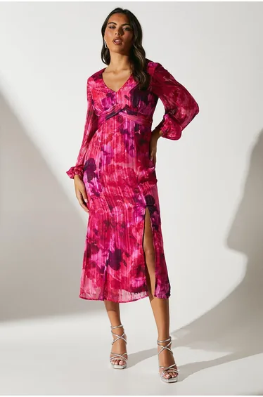 Blouson Pleat Waist Burnout Midaxi Dress