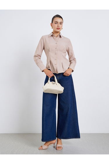 Women Beige Striped Long Sleeve Shirt