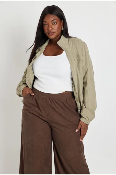 Plus Peached Funnel Neck Zip Up Jacket - khaki