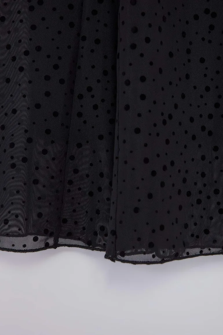 Black Polka Dot Flocked Patterned Knitted Plus Size Skirt - 4