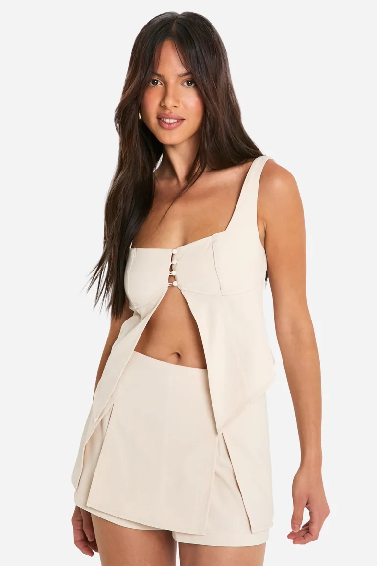 Button Up Split Hem Longline Top - stone - 1