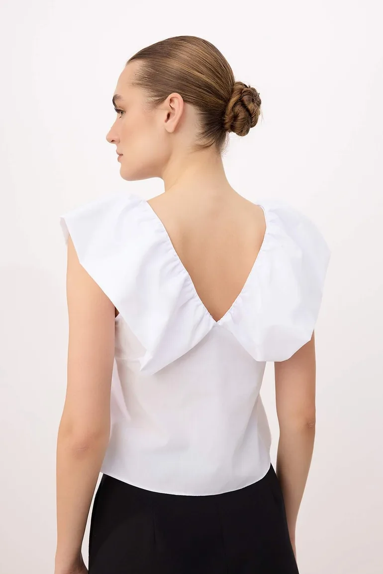 White Bow and Ruffle Detail Poplin Woven Blouse - 3