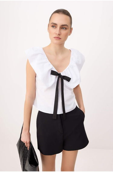 White Bow and Ruffle Detail Poplin Woven Blouse