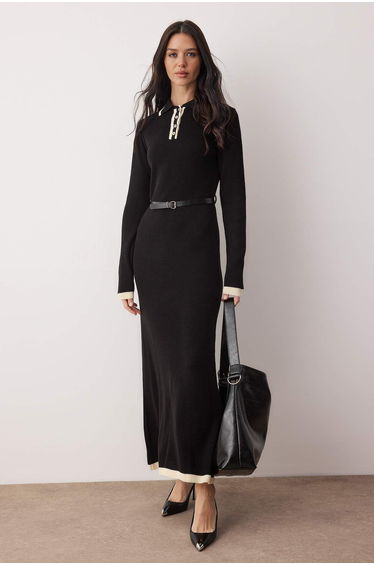 Black belted polo neck knitwear thessaloniki dress