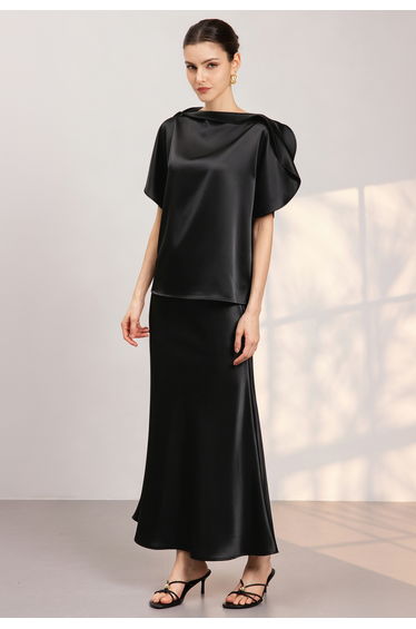 Pearl Boat Neck Flounce Cape Satin Top in Black