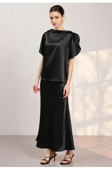 Pearl Boat Neck Flounce Cape Satin Top in Black