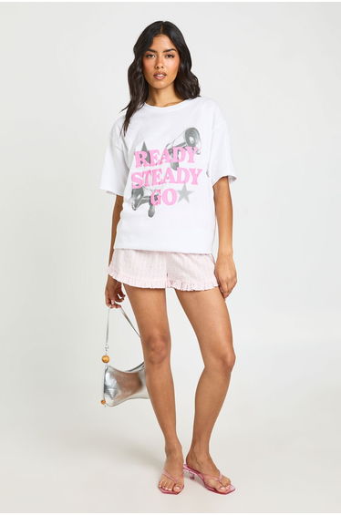 Puff Print Ready Steady Go Oversized T-Shirt - white