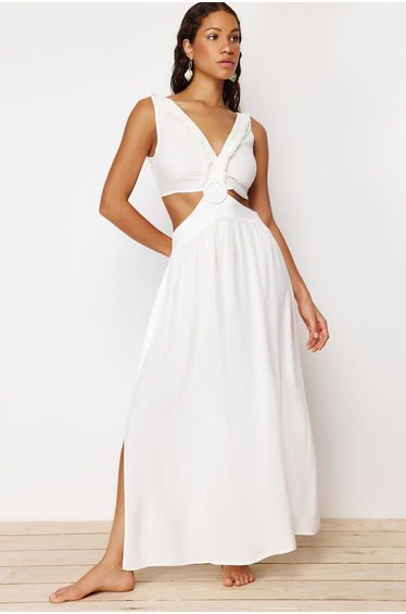 Ecru Maxi Woven Tasseled Beach Dress