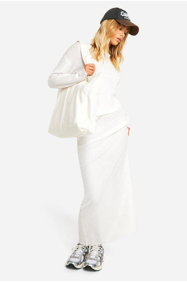 Soft Rib Knit Crew Neck Jumper And Maxi Skirt Co-ord - ecru