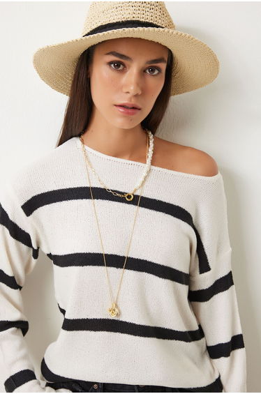 Women's Black Ecru Striped Knitwear Blouse