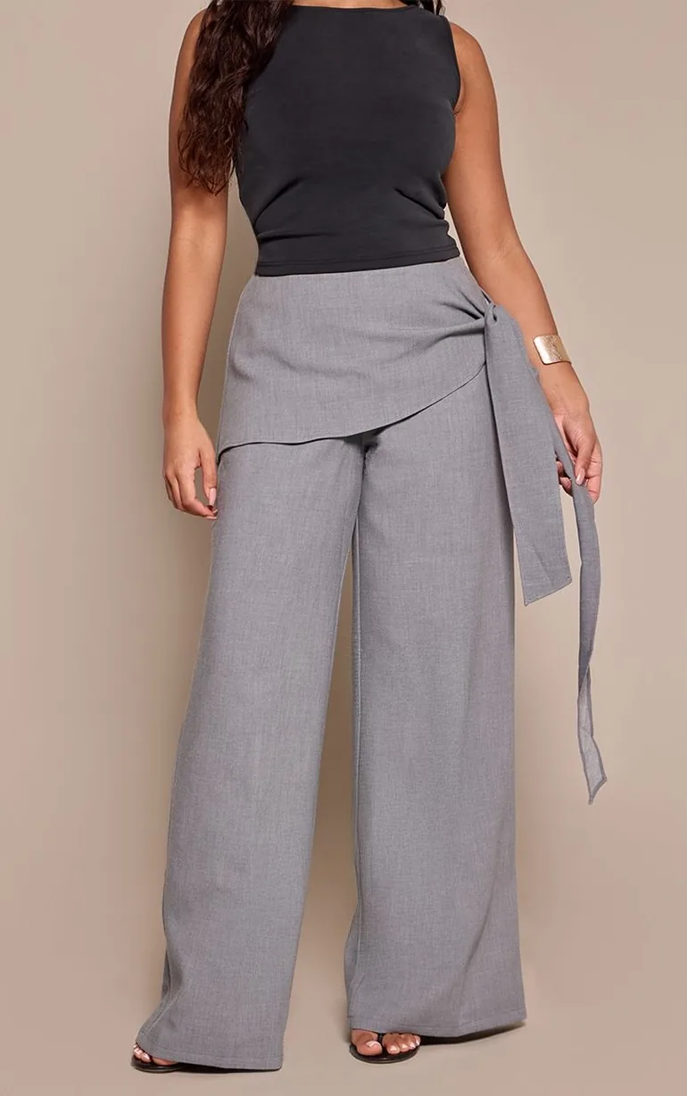 Shape Grey High Waisted Tailored Wrap Waist Wide Leg Trousers - 2