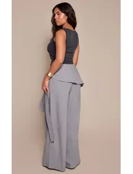 Shape Grey High Waisted Tailored Wrap Waist Wide Leg Trousers