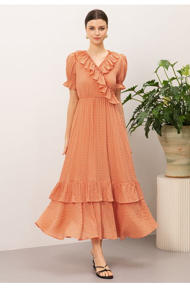 Ruffle V-Neck Faux Wrap Embossed Maxi Dress in Coral for Weekend Getaways & Resort Dinners