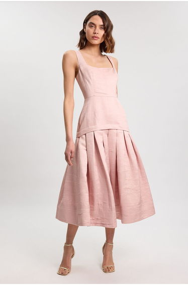 Textured Tailored Twill Full Skirt Midi Dress