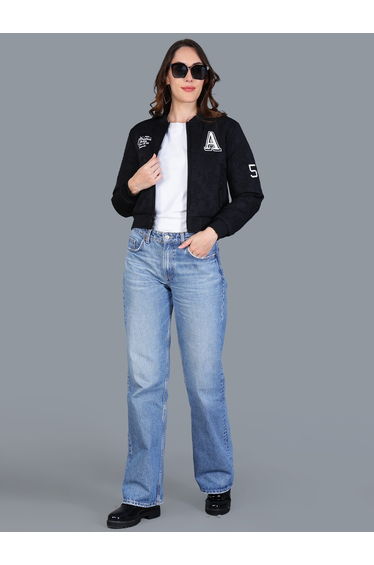 Women Black Crop Varsity Jacket