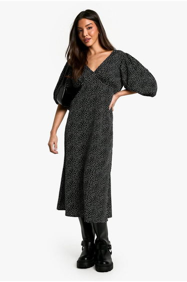 Polka Dot Puff Sleeve Tie Back Midi Dress - black