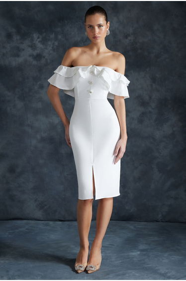 Off-Shoulder Column Midi Bridal Dress